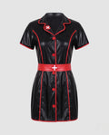Woman wearing black leather-look nurse costume mini dress with red piping, red belt and nurse hat - view 4