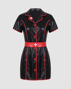Woman wearing black leather-look nurse costume mini dress with red piping, red belt and nurse hat - view 4