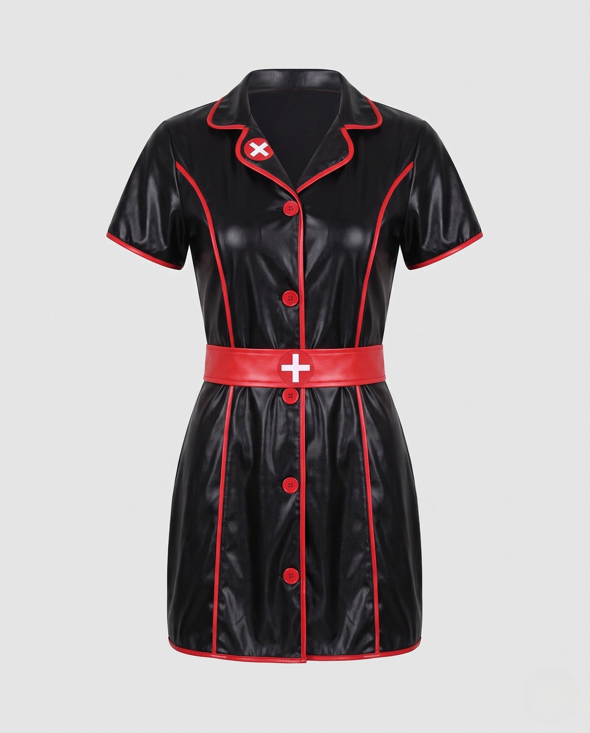 Woman wearing black leather-look nurse costume mini dress with red piping, red belt and nurse hat - view 4