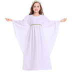 Girl wearing white angel Halloween costume dress with wide bell sleeves and gold leaf waist trim