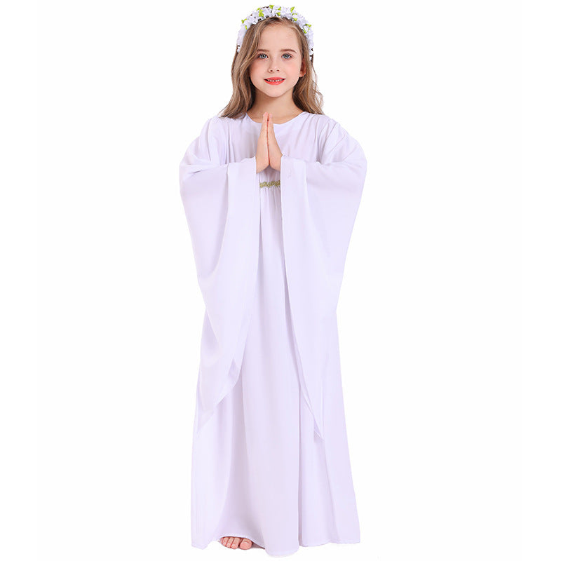 Girl wearing white angel Halloween costume dress with wide bell sleeves and gold leaf waist trim - view 2