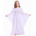 Girl wearing white angel Halloween costume dress with wide bell sleeves and gold leaf waist trim - view 3