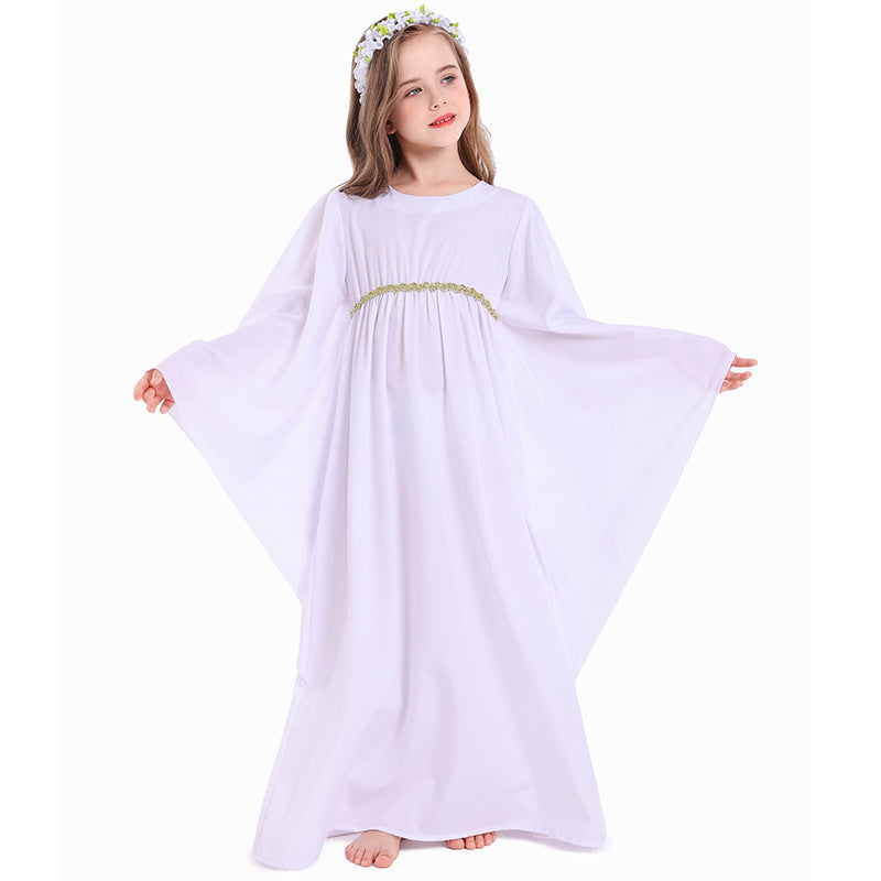 Girl wearing white angel Halloween costume dress with wide bell sleeves and gold leaf waist trim - view 3