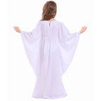 Girl wearing white angel Halloween costume dress with wide bell sleeves and gold leaf waist trim - view 4