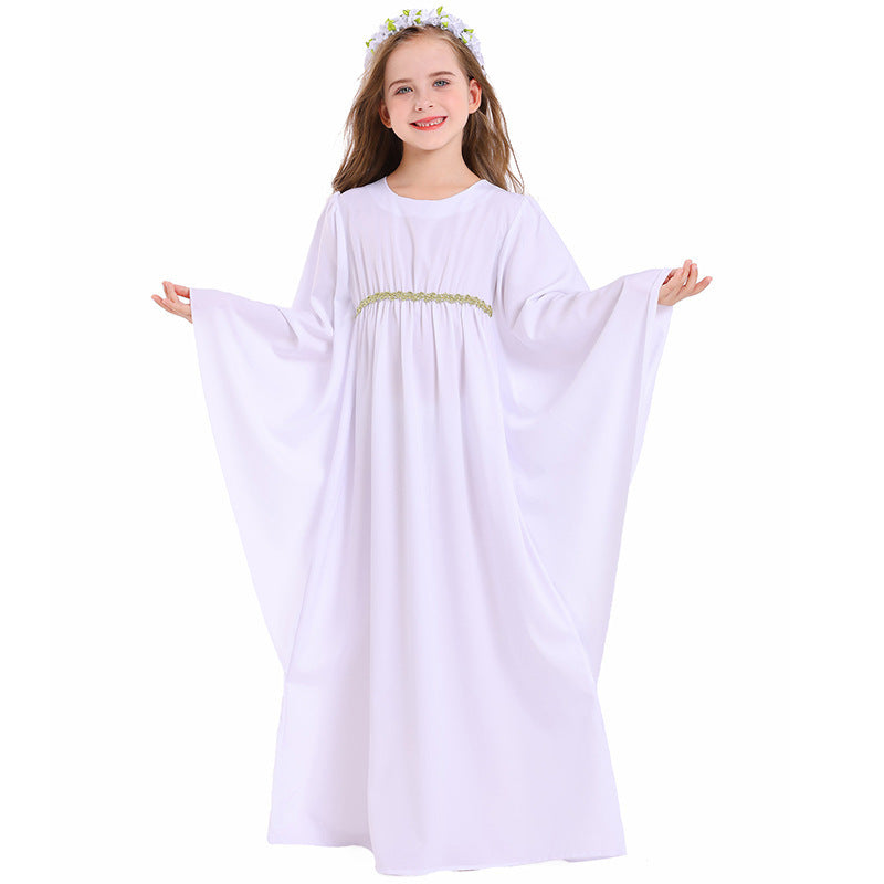 Girl wearing white angel Halloween costume dress with wide bell sleeves and gold leaf waist trim - view 5
