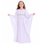 Girl wearing white angel Halloween costume dress with wide bell sleeves and gold leaf waist trim - view 5