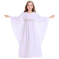 Girl wearing white angel Halloween costume dress with wide bell sleeves and gold leaf waist trim - view 7