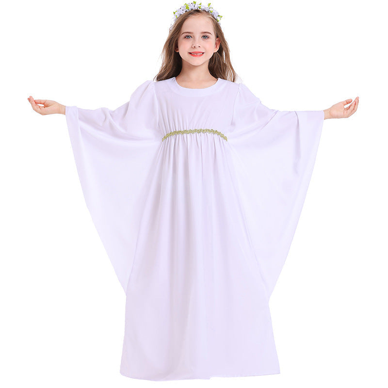 Girl wearing white angel Halloween costume dress with wide bell sleeves and gold leaf waist trim - view 7