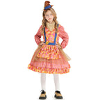 Girl wearing a pink plaid scarecrow Halloween costume dress with patchwork apron, sunflower and mini hat