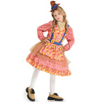 Girl wearing a pink plaid scarecrow Halloween costume dress with patchwork apron, sunflower and mini hat - view 2