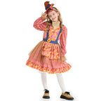 Girl wearing a pink plaid scarecrow Halloween costume dress with patchwork apron, sunflower and mini hat - view 5