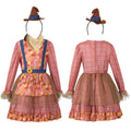 Girl wearing a pink plaid scarecrow Halloween costume dress with patchwork apron, sunflower and mini hat - view 6