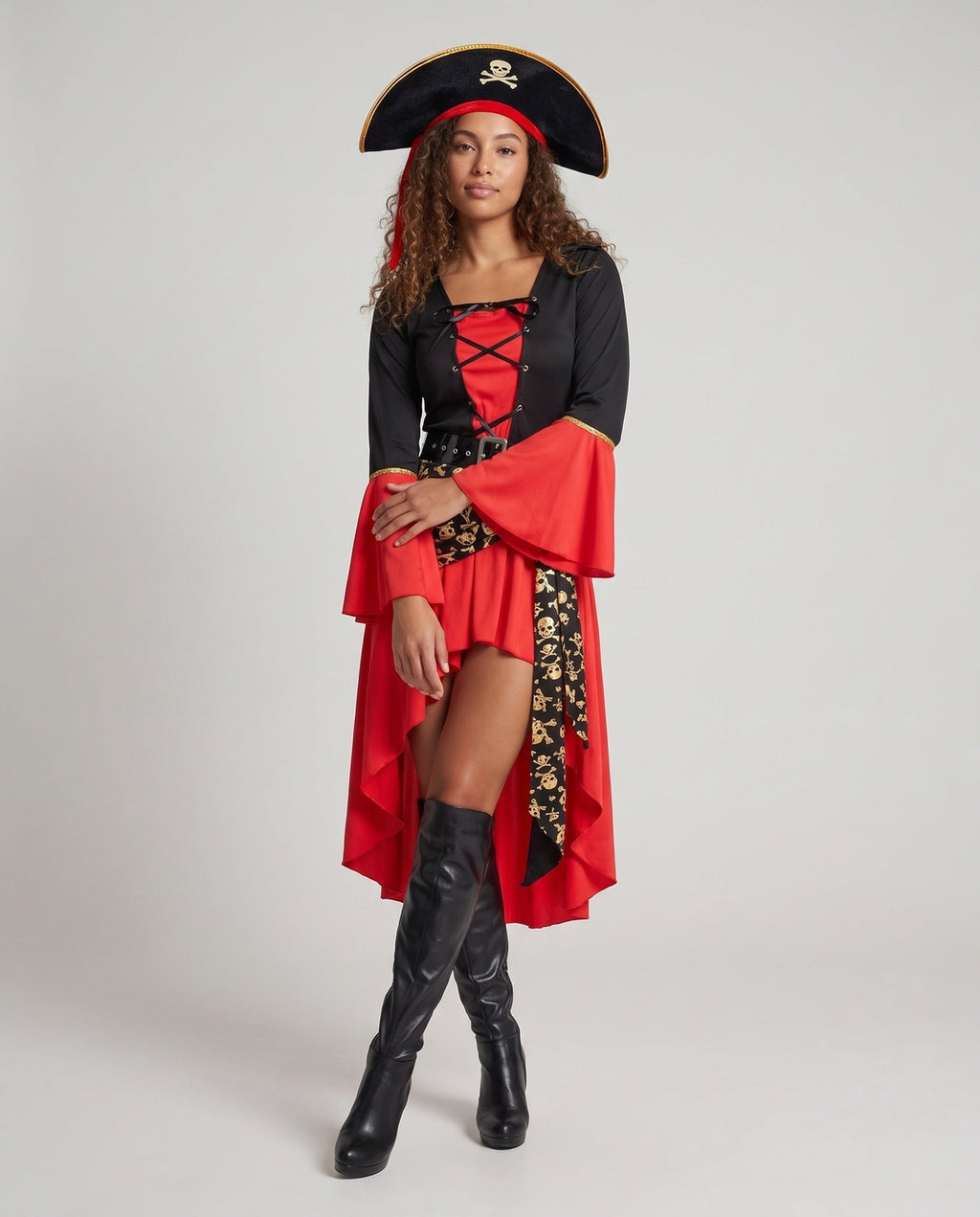 Women's red and black pirate Halloween costume with lace-up bodice, bell sleeves, skull print sash and tricorn hat