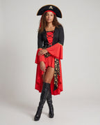 Women's red and black pirate Halloween costume with lace-up bodice, bell sleeves, skull print sash and tricorn hat