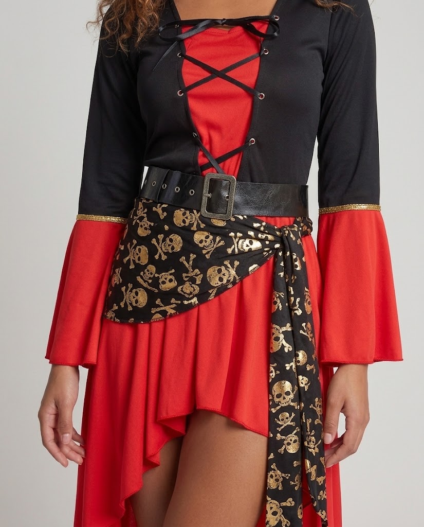 Women's red and black pirate Halloween costume with lace-up bodice, bell sleeves, skull print sash and tricorn hat - view 2