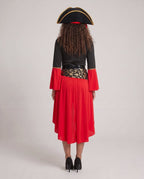 Women's red and black pirate Halloween costume with lace-up bodice, bell sleeves, skull print sash and tricorn hat - view 3