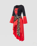 Women's red and black pirate Halloween costume with lace-up bodice, bell sleeves, skull print sash and tricorn hat - view 4
