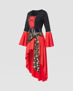 Women's red and black pirate Halloween costume with lace-up bodice, bell sleeves, skull print sash and tricorn hat - view 4