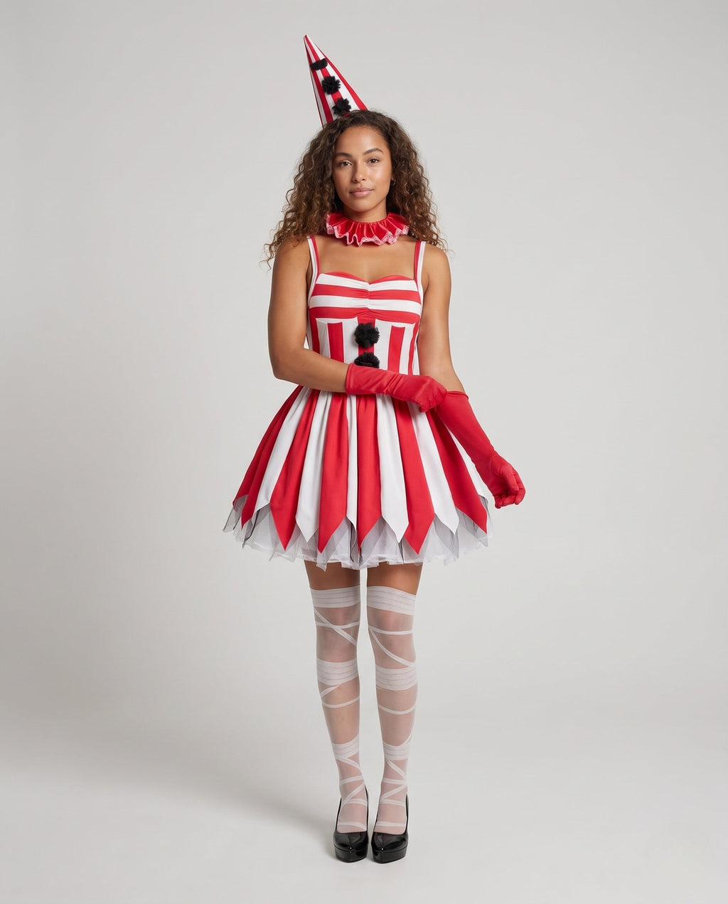 Women's red and white striped clown Halloween costume dress with pointed tulle hem