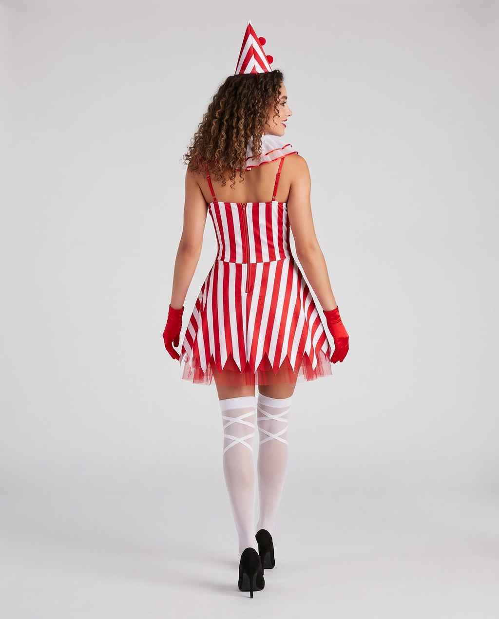Women's red and white striped clown Halloween costume dress with pointed tulle hem - view 3