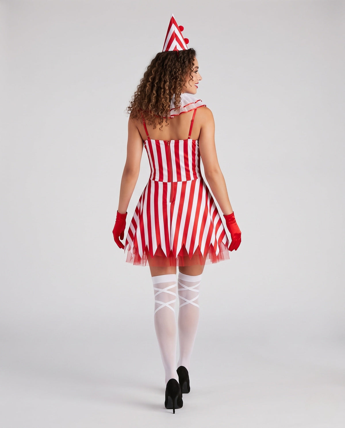 Women's red and white striped clown Halloween costume dress with pointed tulle hem - view 3