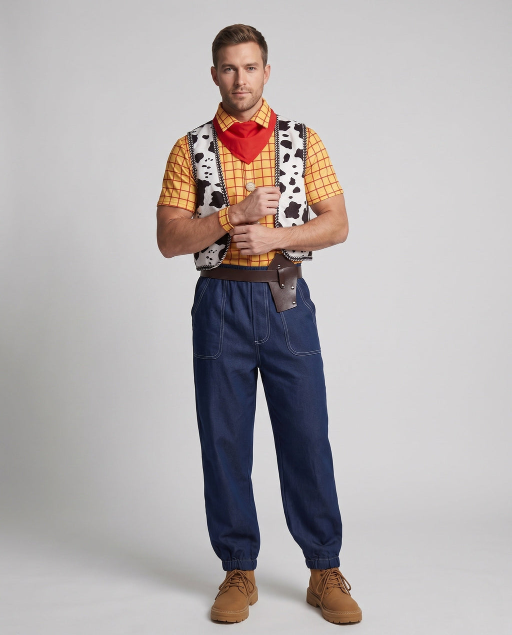 Cowboy Halloween costume set with yellow plaid shirt, cow print vest, red bandana and dark denim-look pants