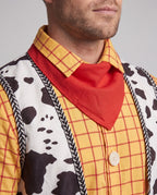 Cowboy Halloween costume set with yellow plaid shirt, cow print vest, red bandana and dark denim-look pants - view 2