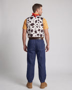 Cowboy Halloween costume set with yellow plaid shirt, cow print vest, red bandana and dark denim-look pants - view 3