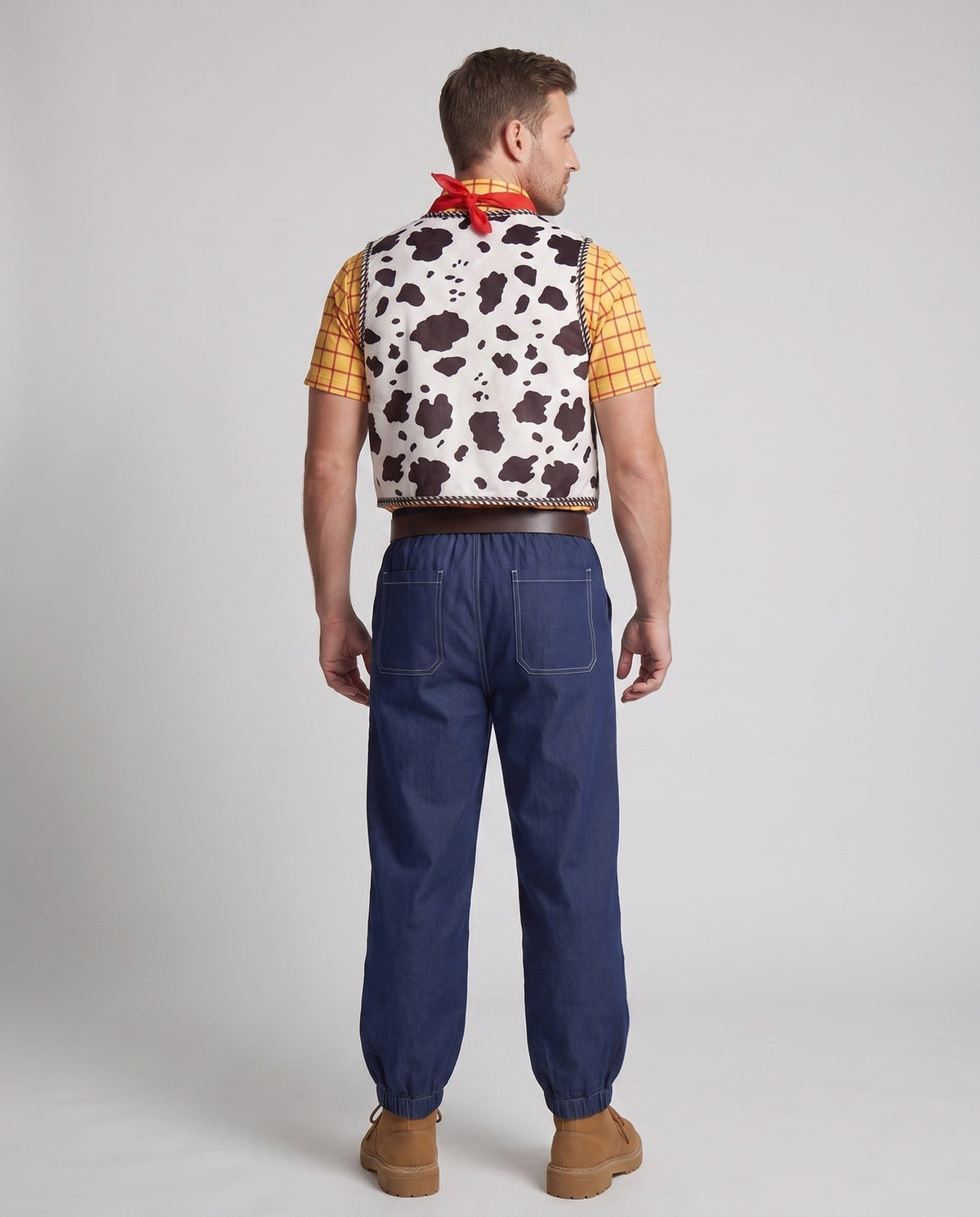 Cowboy Halloween costume set with yellow plaid shirt, cow print vest, red bandana and dark denim-look pants - view 3