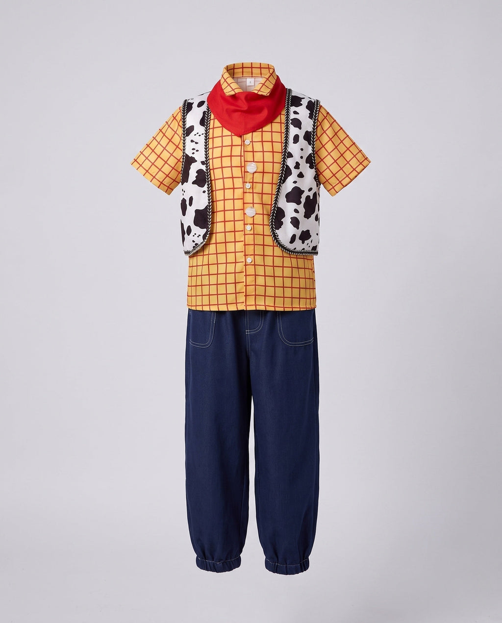 Cowboy Halloween costume set with yellow plaid shirt, cow print vest, red bandana and dark denim-look pants - view 4