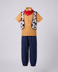Cowboy Halloween costume set with yellow plaid shirt, cow print vest, red bandana and dark denim-look pants - view 4