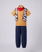 Cowboy Halloween costume set with yellow plaid shirt, cow print vest, red bandana and dark denim-look pants - view 4