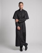 Men's black priest Halloween costume robe with white collar tab and cross pendant