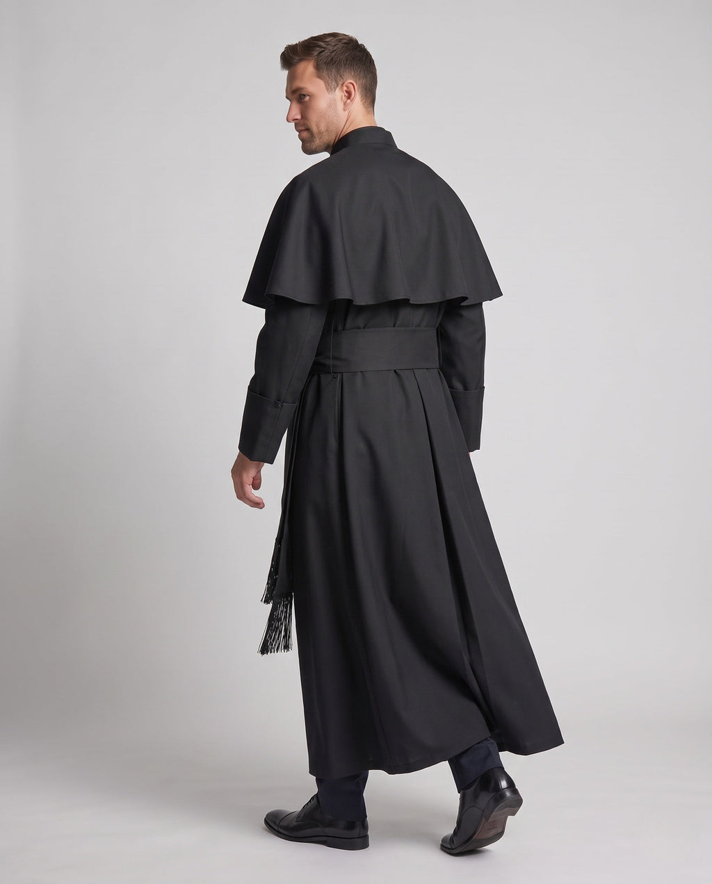 Men's black priest Halloween costume robe with white collar tab and cross pendant - view 3