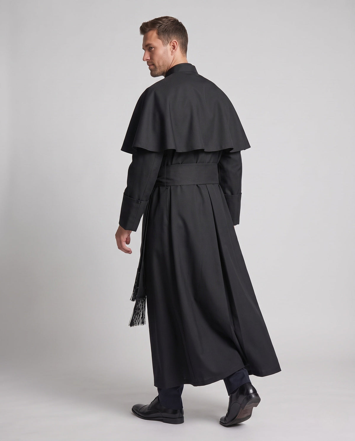 Men's black priest Halloween costume robe with white collar tab and cross pendant - view 3