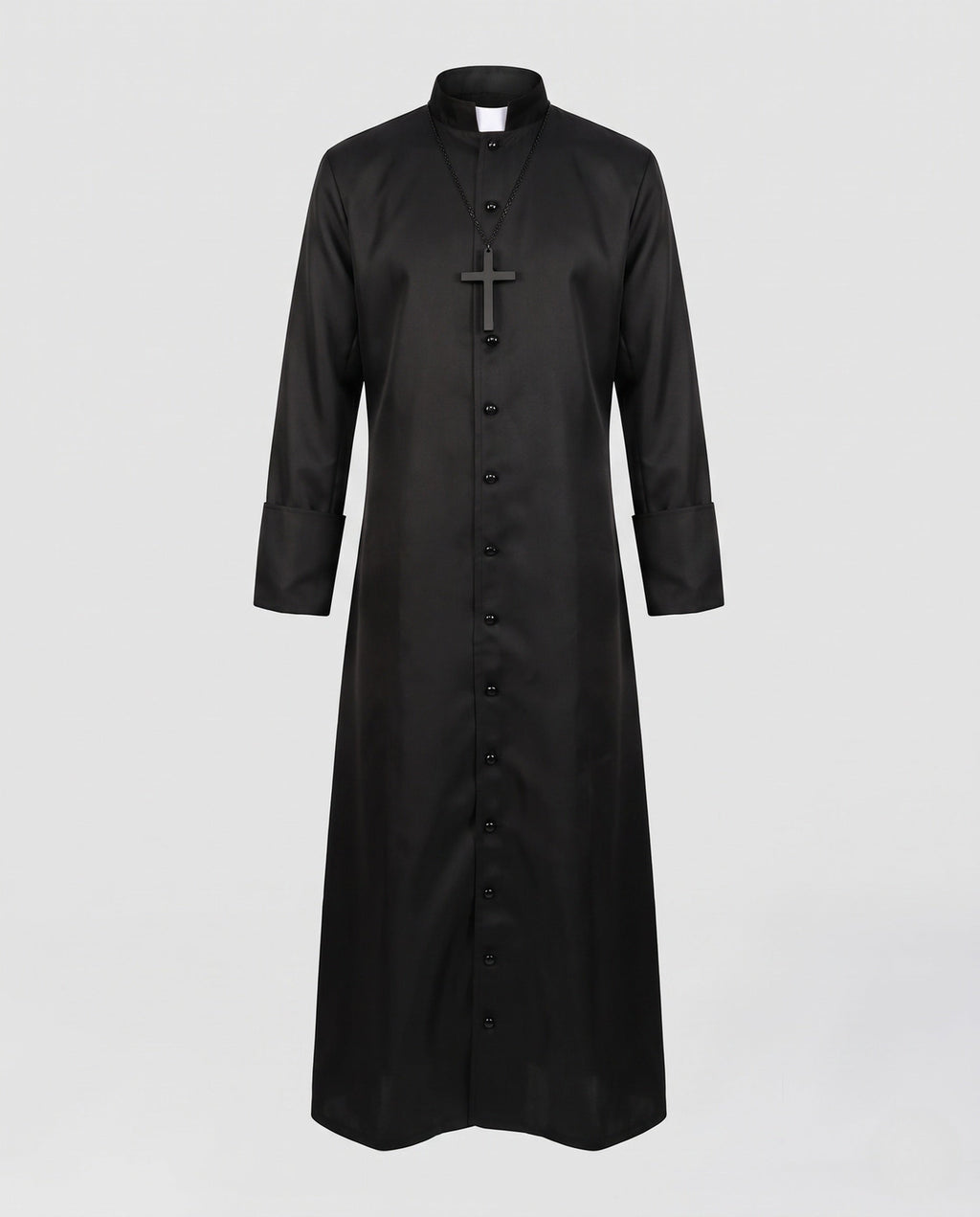 Men's black priest Halloween costume robe with white collar tab and cross pendant - view 4