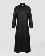 Men's black priest Halloween costume robe with white collar tab and cross pendant - view 4