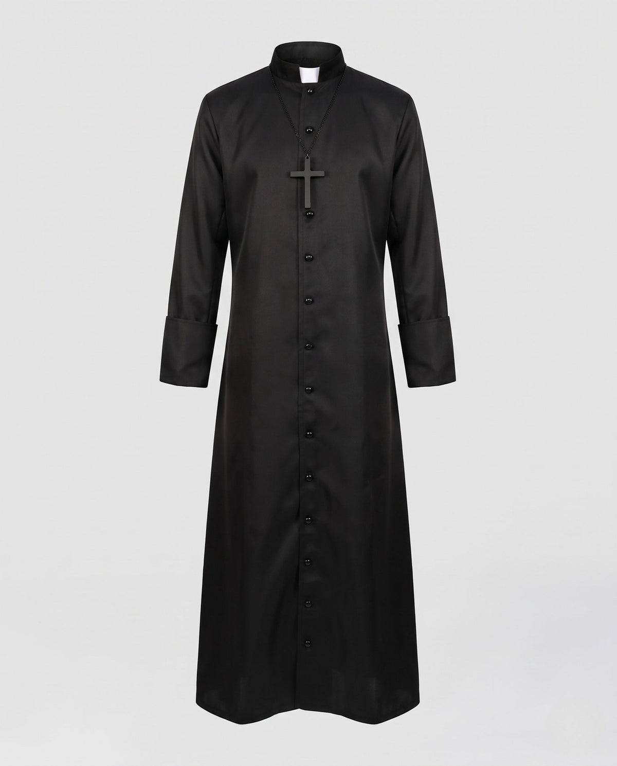 Men's black priest Halloween costume robe with white collar tab and cross pendant - view 4