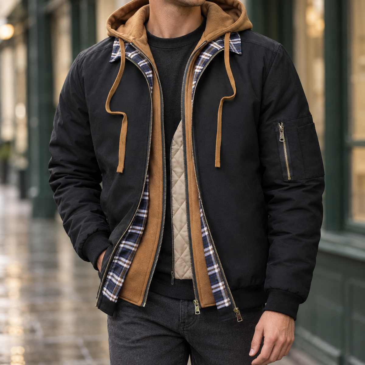 Layered hooded bomber jacket for men with plaid collar