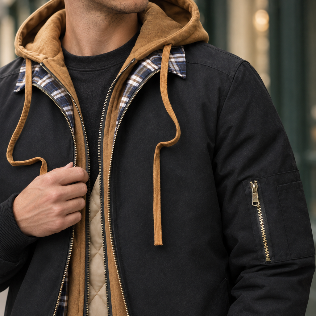Layered hooded bomber jacket for men with plaid collar - view 2