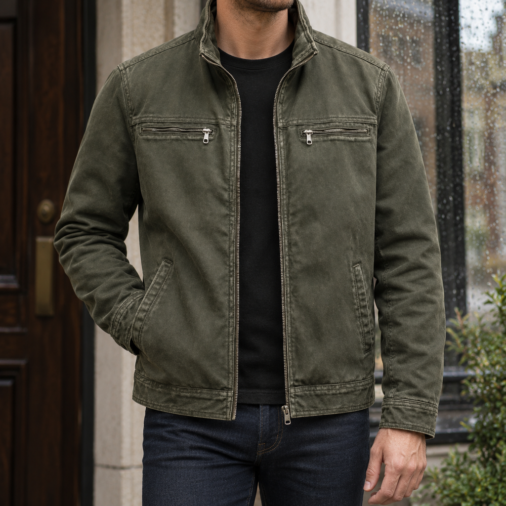 Men's casual stand collar jacket in a washed finish worn open over a black tee