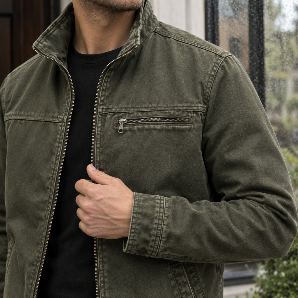 Men's casual stand collar jacket in a washed finish worn open over a black tee - view 2