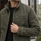 Men's casual stand collar jacket in a washed finish worn open over a black tee - view 2