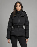 Women's black hooded puffer jacket with waist belt and cuff tabs