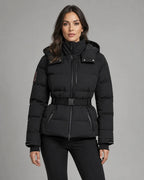 Women's black hooded puffer jacket with waist belt and cuff tabs