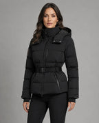 Women's black hooded puffer jacket with waist belt and cuff tabs - view 2