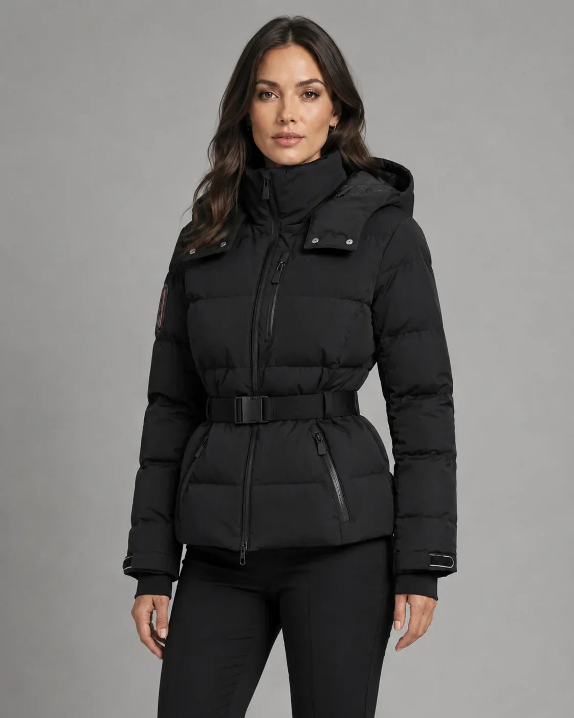 Women's black hooded puffer jacket with waist belt and cuff tabs - view 2