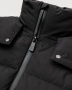 Women's black hooded puffer jacket with waist belt and cuff tabs - view 5