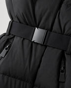 Women's black hooded puffer jacket with waist belt and cuff tabs - view 6