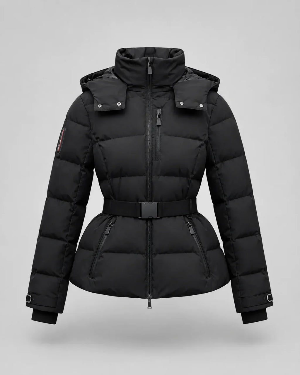 Women's black hooded puffer jacket with waist belt and cuff tabs - view 8